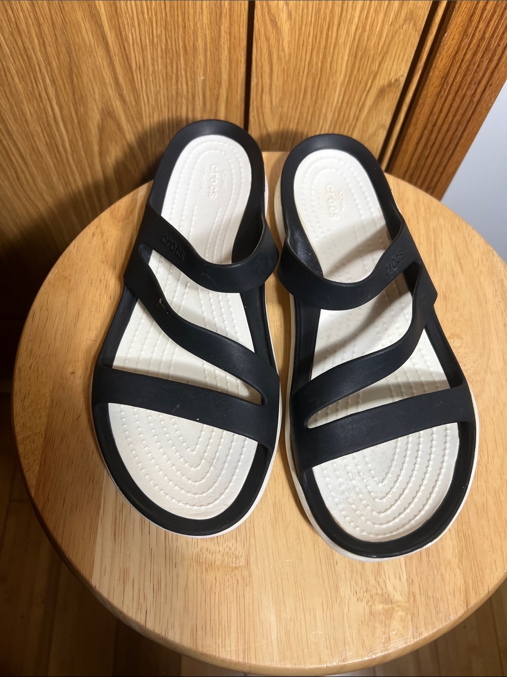CROCS Black Strappy Slide Sandals with White Footbed